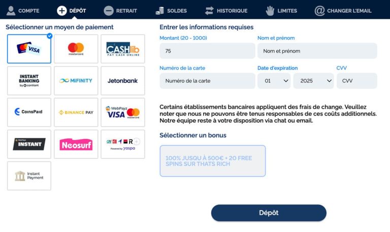 Azur Casino moyens paiement dépôt